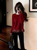 French High-End Fine Shiny Red Knitted Shirt Women 2025 Winter New Fashion Elegant Top