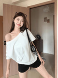 Design-Sensitive Oblique Shoulder Short-Sleeved T-Shirt Woman 2025 New Summer Chic Shoulder Sympathizes With Pure Cotton-Dense Shawl Ins