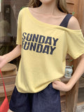 Blue Dopamine Slanted Shoulder-Sleeve T-Shirt For Women's Summer 2026 New Fashion Letter Print Sexy Top