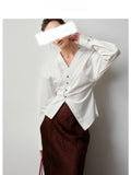 New Spring/Summer French White V-Neck Shirt Women Irregular Small And Unironed White Shirts