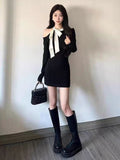 Hepburn Small Fragrant Wind Shoulder Bow Knitted Small Black Dress Woman Autumn Luxury High-End Evening Dress Dress