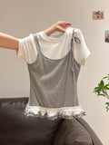 Chic Design Fake Two Round Collar Short-Sleeved T-Shirts In The Spring And Summer Hem Wood Ear Beautiful Stacked Inside The Top