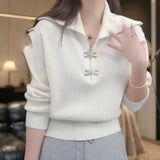 2025 New Autumn And Winter Korean Version Of The Pure Color Simple Half-String Knitted Shirt Commuter Small Long-Sleeved Sweater Woman