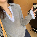 Relaxing Feeling Fashionable And Fashionable Color Fake Two Spliced Striped Knitted Shirt Girls Autumn Winter Design Loose V Collar Top
