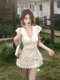 Pure-Want Hottie Fake Two Lace Embroidery V-Neck Dress Women's New Summer Waist Thin Ass Short Skirt