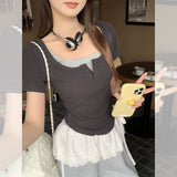 Purple Design Fake Two 2026 New Short-Sleeved T-Shirt Women Summer Chic Sweet Wearing Shoulder Repair Body