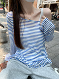 Unique Striped Sunscreen Hooded Long-Sleeved T-Shirt For Women 2026 Summer New Sling Vest Two-Piece Top