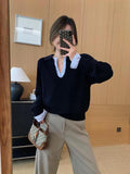 Relaxing Feeling Fashionable And Fashionable Color Fake Two Spliced Striped Knitted Shirt Girls Autumn Winter Design Loose V Collar Top