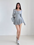 Purely Lust Ballet Style U Collar Long-Sleeved Dress Women Autumn Folds To Receive Waist A Short Skirt