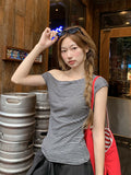 Korean Unique Beautiful Collared Shoulder Striped Short-Sleeved T-Shirt Girl's New Early Summer Wear Super Beautiful Top