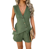 Dili 2025 Spring/Summer Leisure Solid-Color Holiday Style Buttoned R-Shirts And Arma Shorts Suit Women's Suit