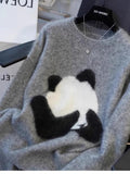 Designing Cartoon Panda Knitted Women 2025 Autumn And Winter New Chic Sweater Loose Top Inside The Bottom