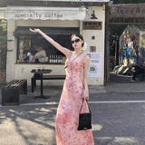 French Tea Break Pink Crumped Hanging Dress Women Summer Waist Skirt Temperament Seaside Vacation Dress