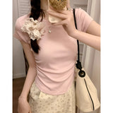 Summer Pure Dopamine Round Necker Shoulder Short T-Shirt Design Sense Flying Sleeves Wrinkle Waist Repair Body Coat