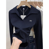 Pure Cotton Shoulder-To-Shoulder Collar Long-Sleeved T-Shirt For Women's Autumn And Winter Polo Collar Pure Desire To Collect Skinny Small Short-Sized Bottom Shirt