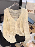 White Hollow Knitted Cardigan Girl Thin Long-Sleeved Ice Silk Shawl With Sling Skirt Air-Conditioning Shirt Summer