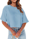 Women's Loose Short T-Shirt Round Collar Umbilical Top Casual Summer Solid Color Basic T-Shirt Short Sleeve