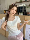 Pure Lust Lace Low Round Neck T-Shirt Women 2026 Summer New Collar Button Repair Bottom Shirt Top