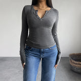 Dili 2025 Autumn And Winter Top Women's Y2K Temperament V-Neck Button Long-Sleeved T-Shirt