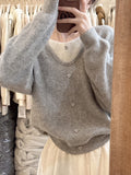 Design Fake Two Pink Knitted Women Autumn Vintage Sweet Lazy Wind Inside Sweater High-End Blouse
