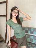 Green Plants Wearing Shoulder Thin Short-Sleeved T-Shirt Women's Summer New Slim 2026V Collar Small Top