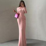 New Fashion Solid-Colored Round-Neck Long-Sleeved Wrinkled Dress In Autumn/Winter 2025