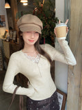 Purely Sexy Lace Side Pit Knitted Bottom Shirt Women Spring And Autumn V-Neck Button Slimmed Inside The Top