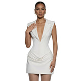 2026 Spring And Summer New Temperament Sexy Deep V Clip Folds And Pocket-Bag Suit Dress