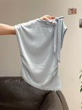 Korean Blue Splicing Strap Design Sense Short-Sleeved T-Shirt Women 2026 Summer New Sleeveless Unique Top