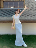 White Shoulder Short-Sleeved T-Shirt Gentle Style Suit Women's Summer Wooden Ear-Side Bag Hip Skirt Skirt Two-Piece Cover