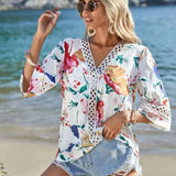 2025 Southeast Asian Summer New Loose V-Neck Temperament Commuter Horn Lace Jersey Chiffon