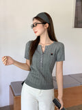 Korean Ash Hemp Shoulder Short-Sleeved T-Shirt Girl Summer New Hottie Slimming Embroidered Knitted Shirt Top