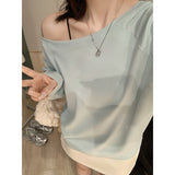 Tibetan Blue Babes Sexy Oblique Shoulder Long-Sleeved T-Shirt Girl With Shoulder Early Autumn Lazy Wind Loose Thin Shoulder