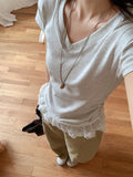 Sweet Hem Lace Splicing Short Sleeves Straight Shoulder T-Shirt 2026 Summer Folding Waist Design Blouse