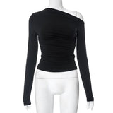 2025 Slanted Shoulder Asymmetrical Solid Umbilical Umbilical Top Long Sleeve Splicing Design