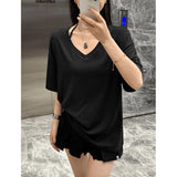 Lazy Boyfriend Wind Loose Deep V-Neck Half-Sleeved T-Shirt Girl Summer Leisure Long-Term Large Version Of The Pure Color Top Tide