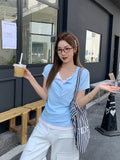 Chic Design Colliding Color Splicing Button Fake Two Short-Sleeved T-Shirt Women 2026 Summer New Unique Repair Body