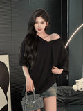 Korean Version Of The Loose Short-Sleeved T-Shirt Women's Summer 2025 New Medium And Long Missing Niche Design Reveals The Shoulder