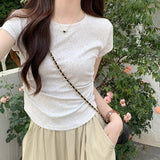 2026 Summer New Dopamine Light Blue Collar Front Shoulder Short Flying Sleeve T-Shirt Folds To The Waist Thin Top Lady