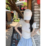 Wine Red Shoulder Embroidered T-Shirt Girl Short Umbilical Pure Folding Small Summer Round Collar Short Sleeve Top