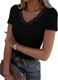 2025 Lace Splicing V-Neck Tight Solid Color Short-Sleeved T-Shirt Women's Summer New Pure Desire To Slim Top