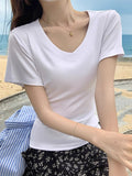Low-Necked Collar Collar Collared Front Shoulder Half-Sleeved White Short-Sleeved T-Shirt Girl Sweet Hottie Tight Waist Small Summer Coat
