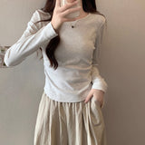 Dark Gray Long-Sleeved Mask T-Shirt Women's Autumn And Winter New Bottom Wrinkle Waist Solid Color Collar Age Reduction Top