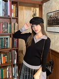 New Color Fake Two Knitted Bottom Shirt Women's Spring Suit With Polo Collar Horn Long-Sleeved Temperament Sweater Top