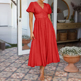 Dili 2025 Spring/Summer Leisure Commuting Holiday Wind V. Collar High-Waist Short-Sleeved Open-Fork Dress Woman