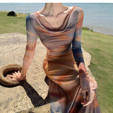 French Hottie Sunset Tie Dye Print Neckline Mesh Dress Femininity Slim Waist Thin Holiday Dress