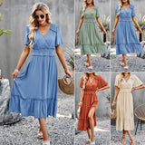 Dili Solid Color V-Neck Dress 2026 Temperament Open Fork Dress With Thin Short Sleeves