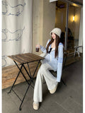 College Style Hooded Striped Double-Layer Knitted Coat Women Spring And Autumn Lazy Casual Blue Sweater Cardigan Shirt Top