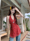 Design Sense Of Retro Broken Flowers V-Neck Hanging Neck Sling Vest Women Summer Age Reduction Temperament Thin Leisure Wear Clothes