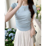 Summer Pure Dopamine Round Necker Shoulder Short T-Shirt Design Sense Flying Sleeves Wrinkle Waist Repair Body Coat